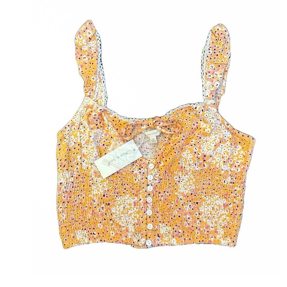 Sim & Sam Juniors Floral Ruffled Strappy Crop Top Smocked Orange Ditsy‎ Sz M NWT - Picture 1 of 8